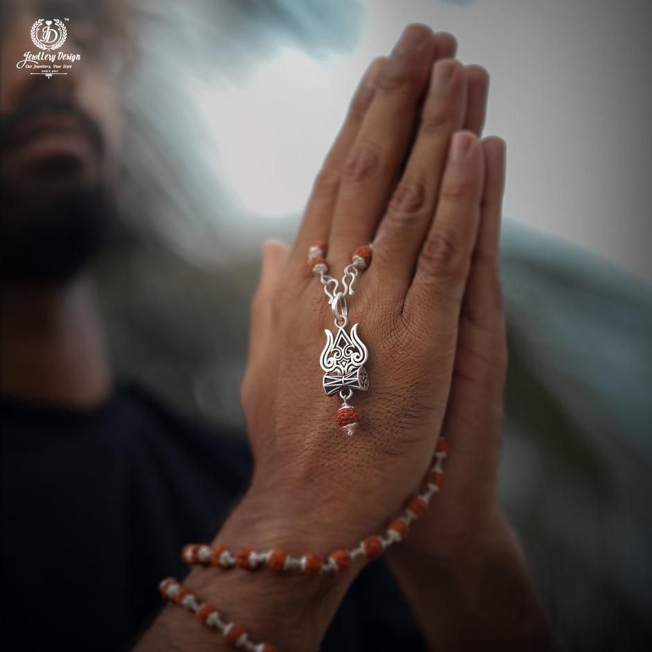 Trishul Damru Rudraksha Pendant with Original Rudraksha Mala | Lord Shiva Spiritual Set