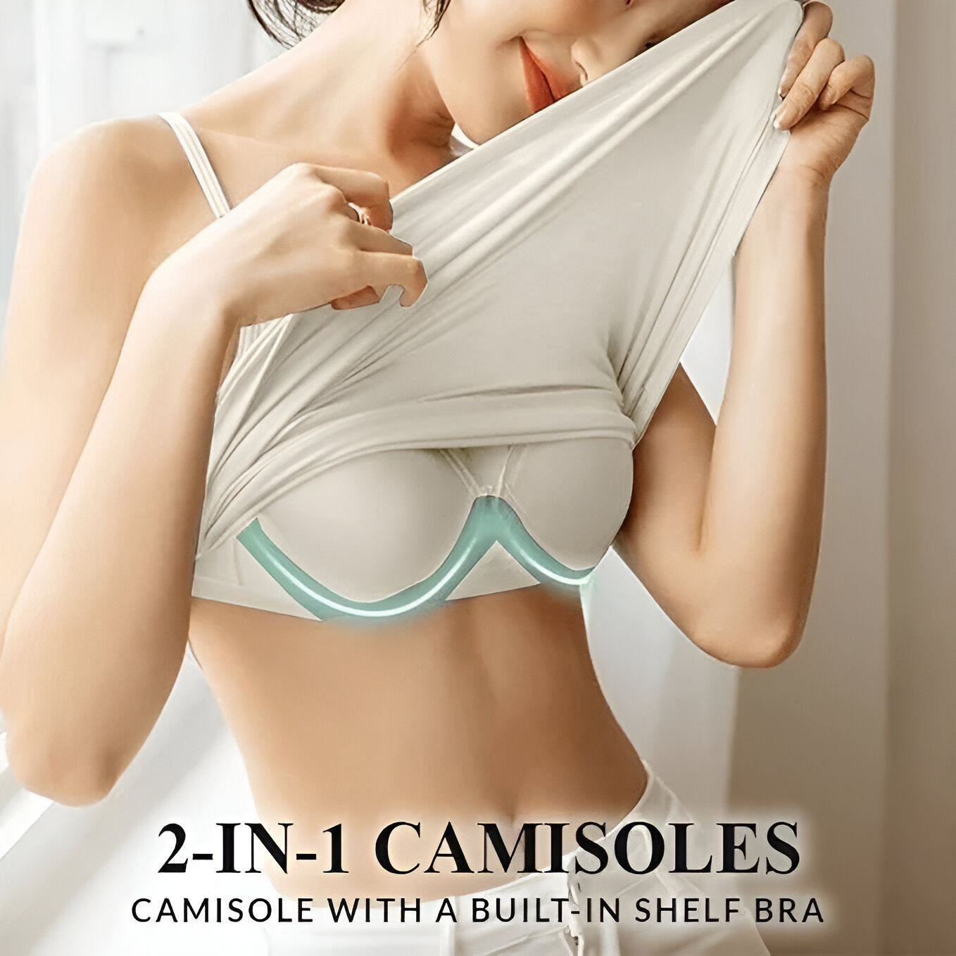 This image features a soft, muted scene showcasing a woman wearing a beige cami with a built-in tank top. The cami is designed to be loose and comfortable, emphasizing ease and simplicity in style.