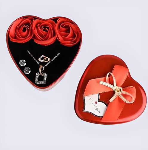 Sparkling Love Jewelry & Artificial Flower Gift Box – Valentine’s Special Heart Red Box Gift