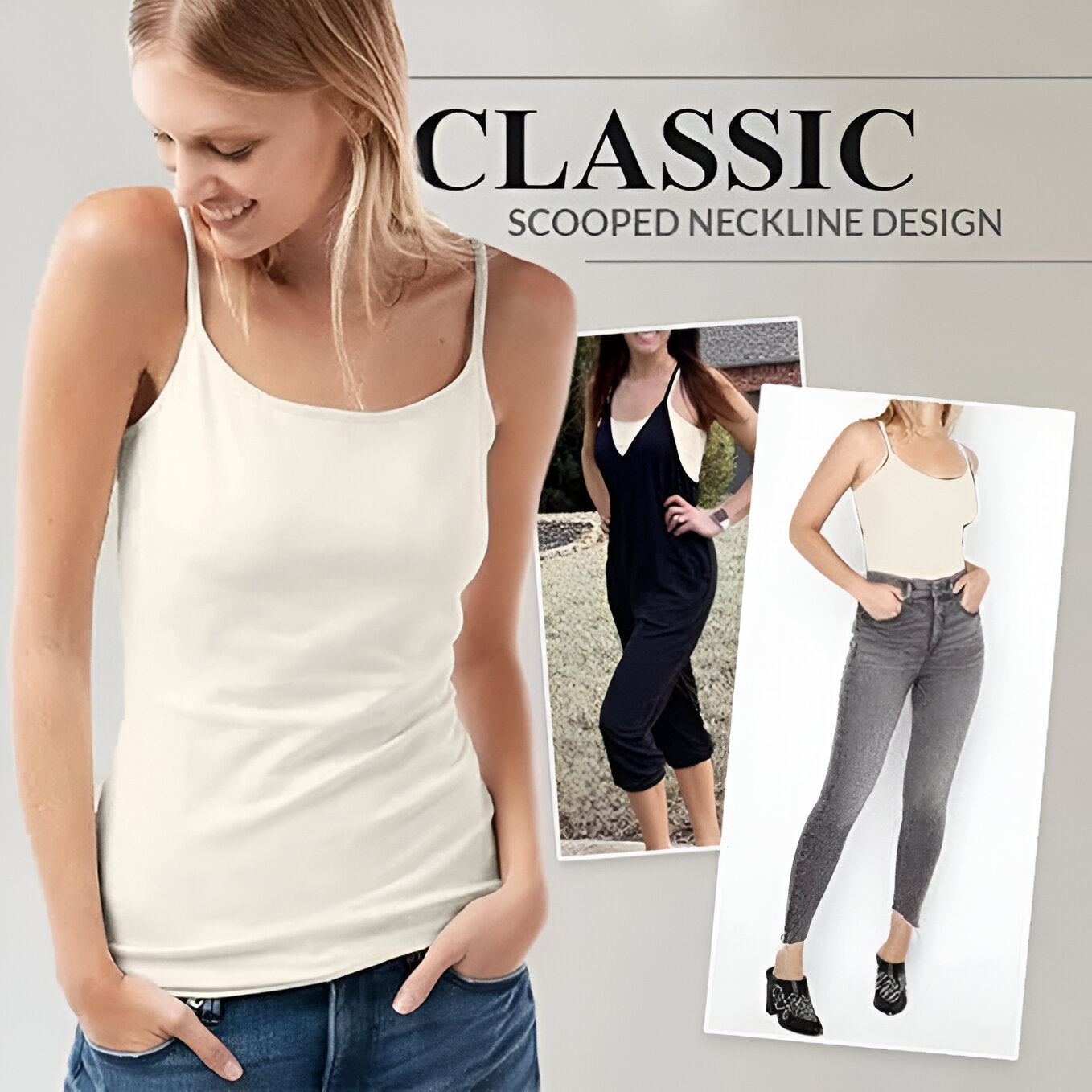 The image shows a collage of three women's clothing items. The main focus is on a white camisole with a built-in tank top, which is displayed in two ways: alone and being worn by a model.