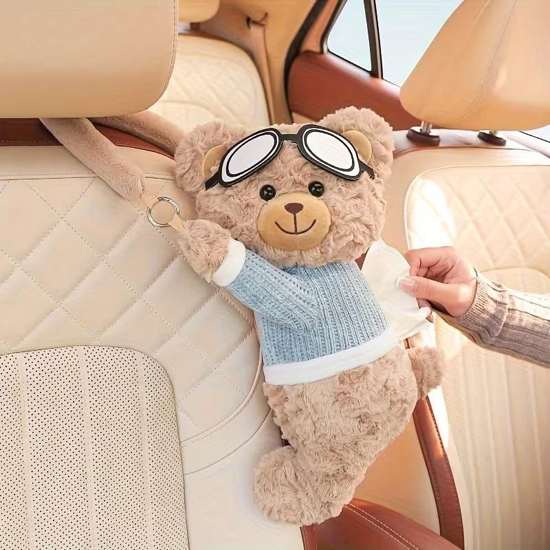 Cute Plush Bear Car Seat Back Tissue Holder – Hanging Cartoon Tissue Box