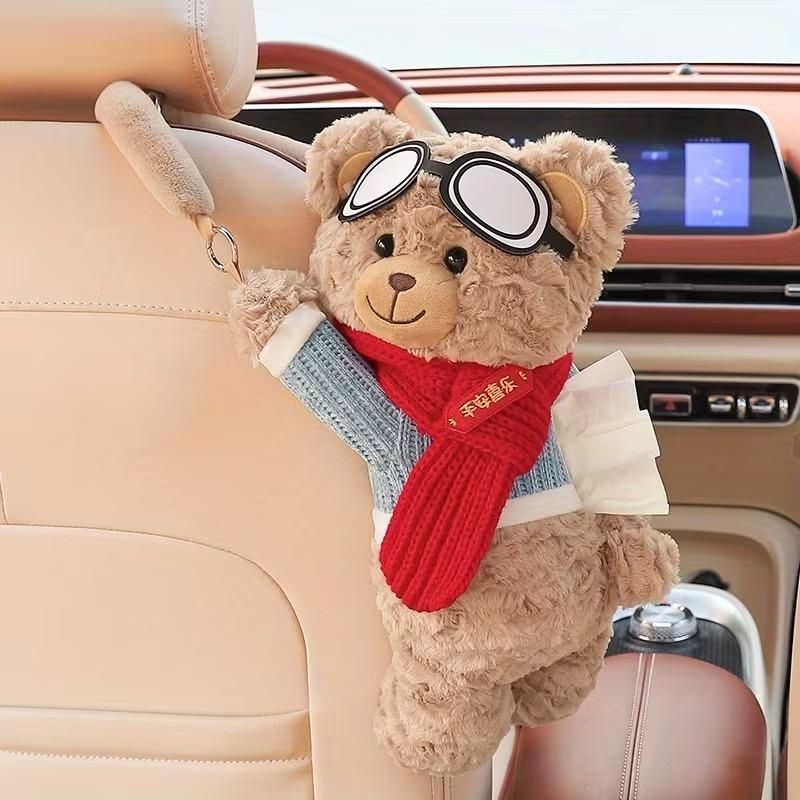Cute Plush Bear Car Seat Back Tissue Holder – Hanging Cartoon Tissue Box