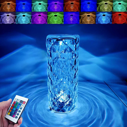 16-Color Changing Rose Crystal Diamond Table Lamp – USB Rechargeable Touch Night Light with Remote Control