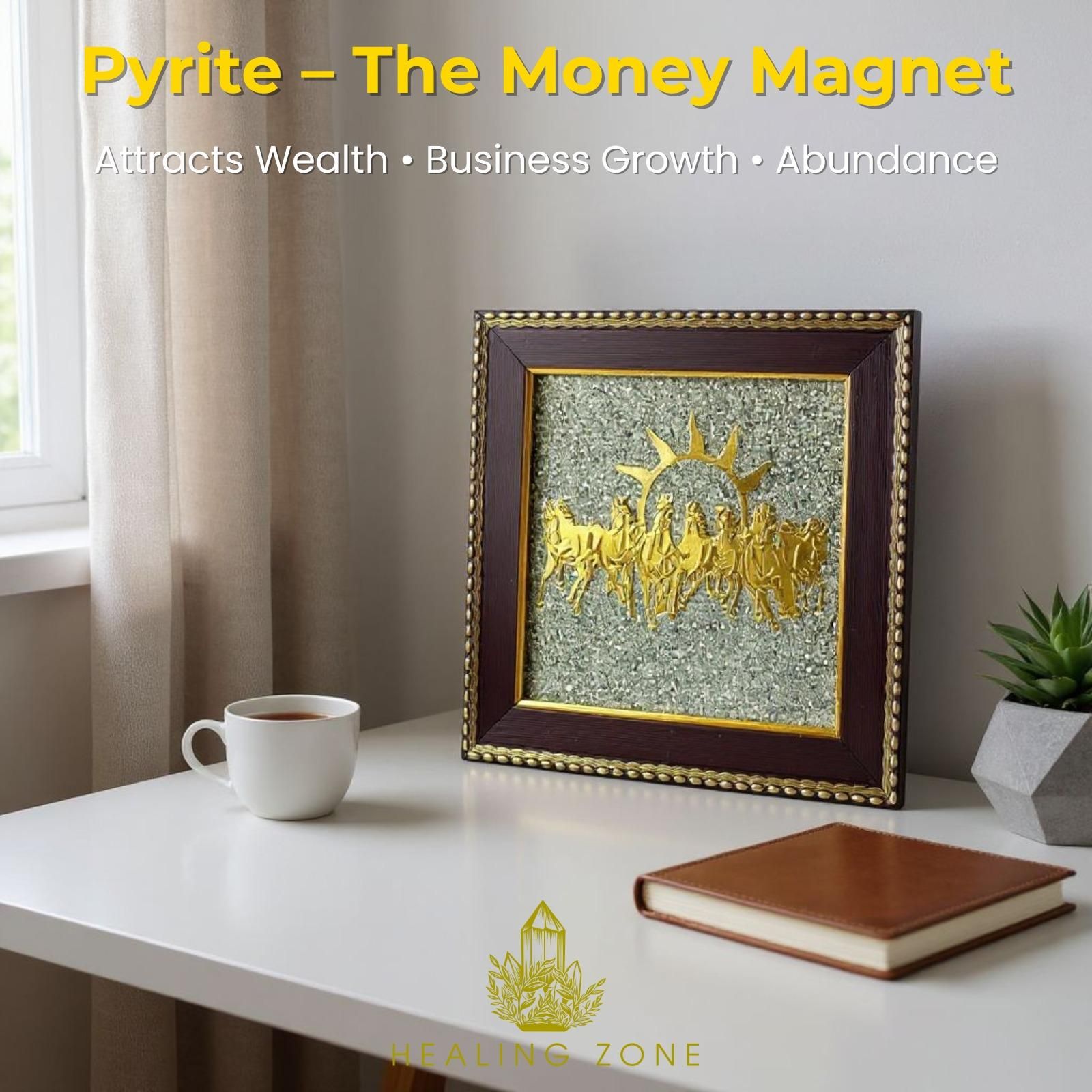 HEALING ZONE 7 Horses on Raw Pyrite Frame – Vastu Wall Décor for Success, Wealth & Positivity
