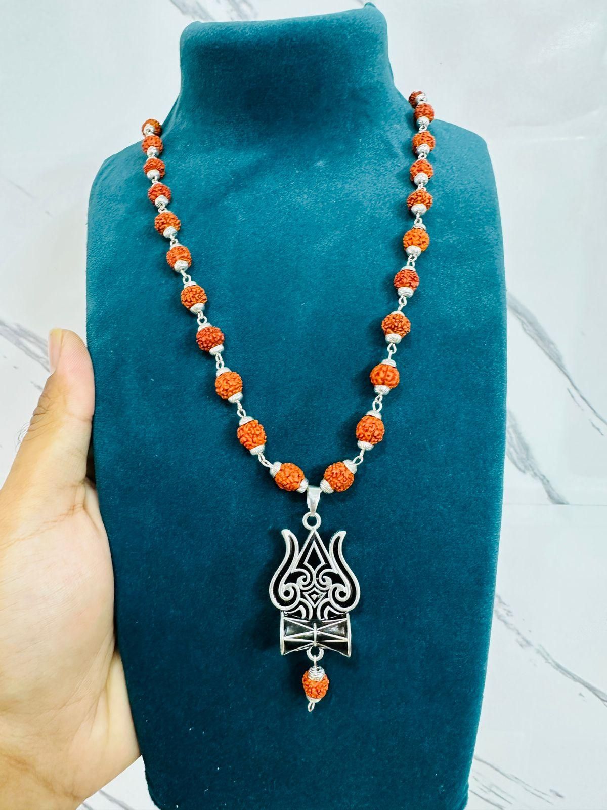 Trishul Damru Rudraksha Pendant with Original Rudraksha Mala | Lord Shiva Spiritual Set