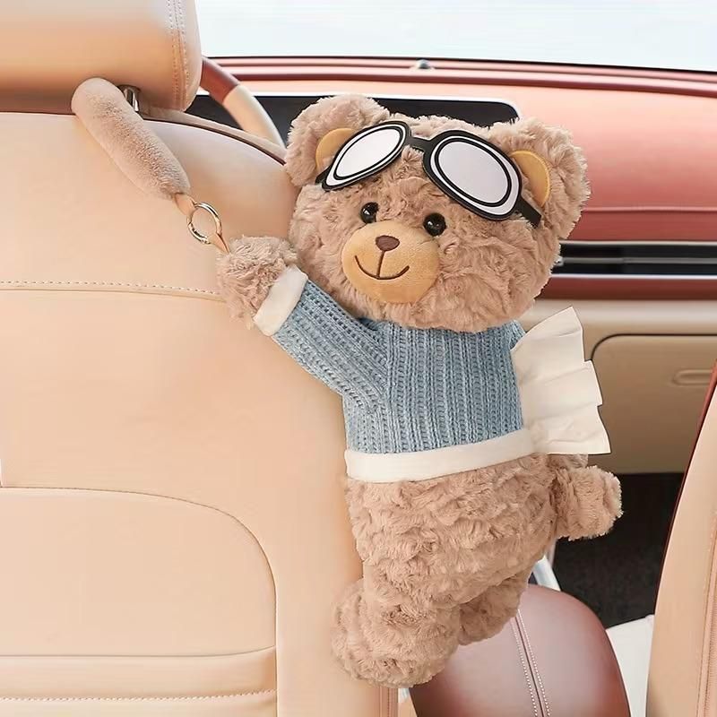 Cute Plush Bear Car Seat Back Tissue Holder – Hanging Cartoon Tissue Box