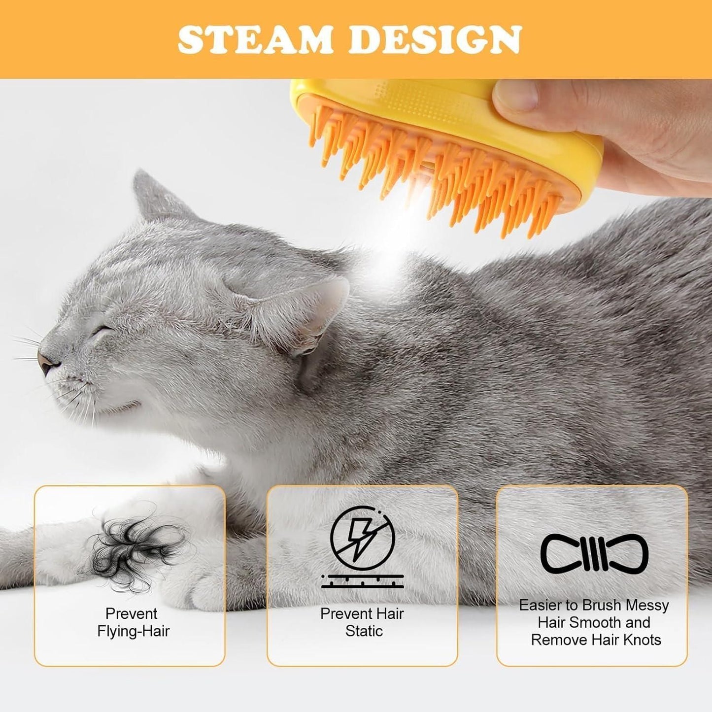 3-in-1 Steamy Pet Hairbrush – Cat Brush, Cleanser, and Vapor Tool