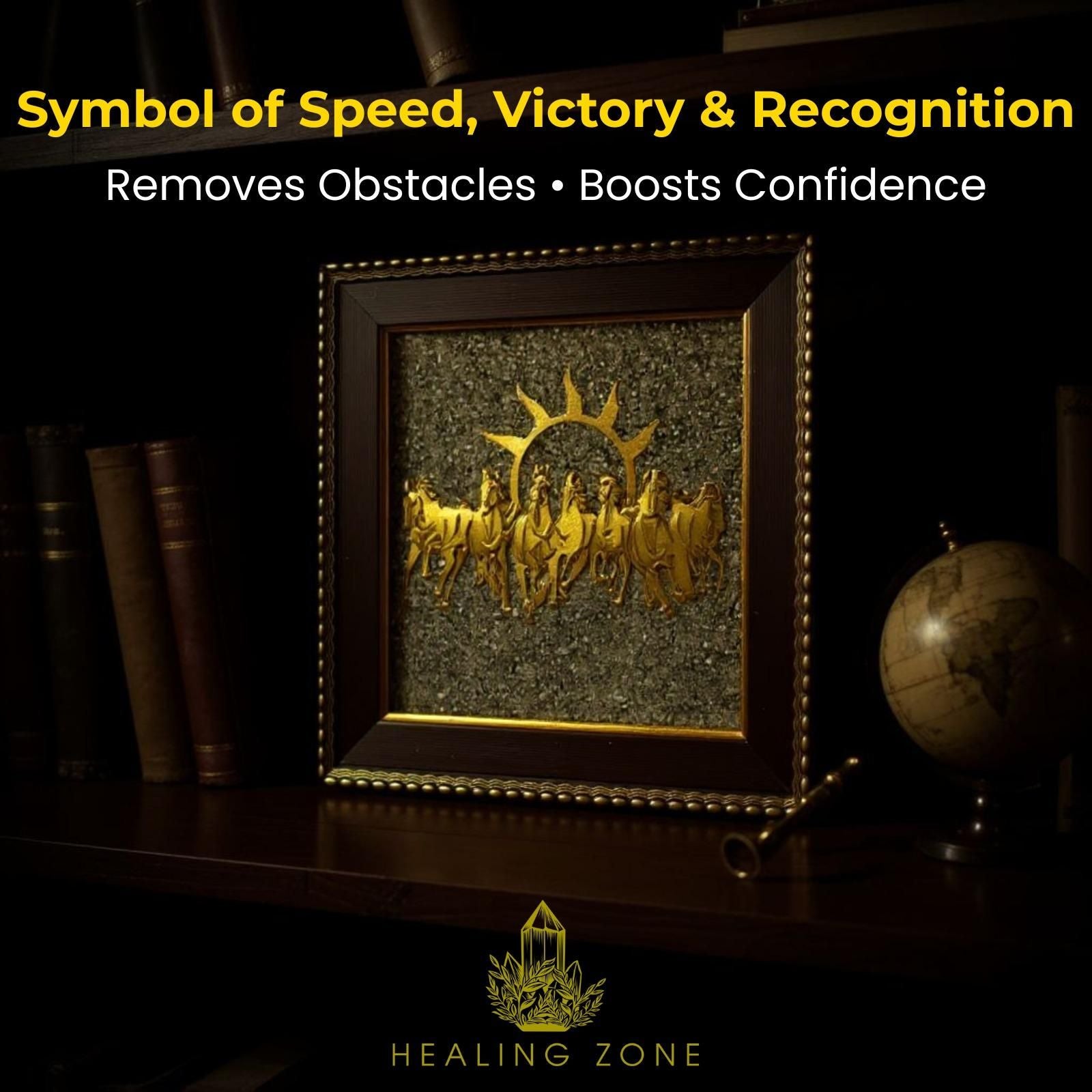 HEALING ZONE 7 Horses on Raw Pyrite Frame – Vastu Wall Décor for Success, Wealth & Positivity