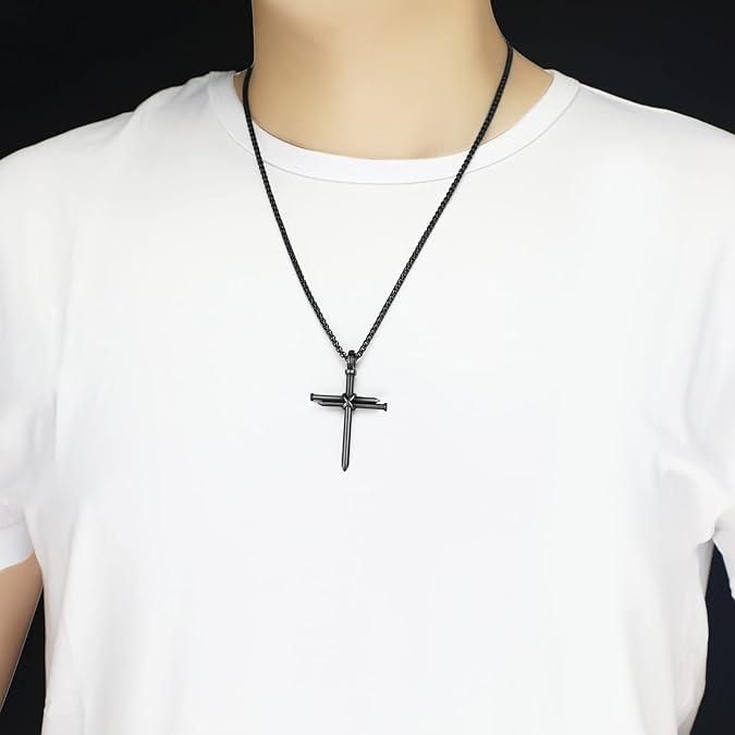 Nail Cross Necklace for Men – Stainless Steel Chain with 3 Nails Jesus Cross Pendant