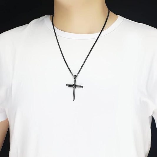 Nail Cross Necklace for Men – Stainless Steel Chain with 3 Nails Jesus Cross Pendant