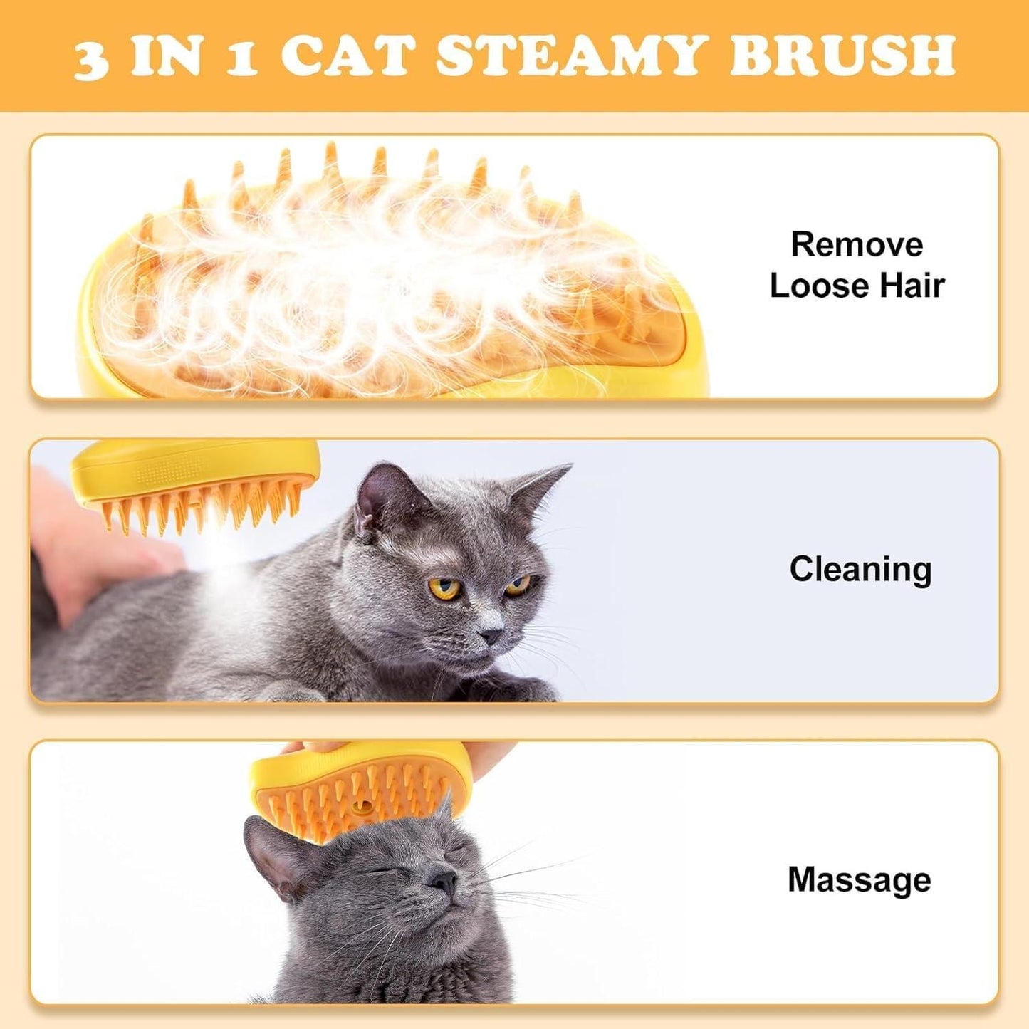 3-in-1 Steamy Pet Hairbrush – Cat Brush, Cleanser, and Vapor Tool