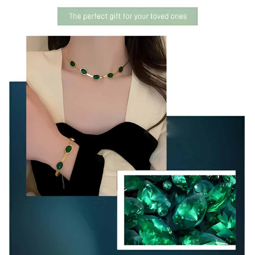 Oval Green Crystal Necklace & Bracelet Set – Stylish & Elegant
